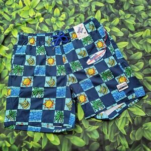NWT Beach Bros Navy Bongo Tree 4-Way Stretch Volley Swim Trunk size Medium